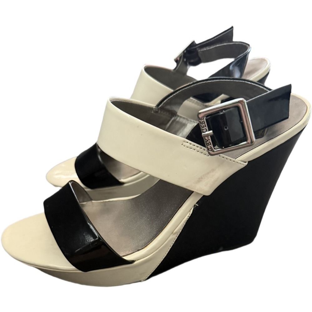 Guess Black Patent Wedge Sandals Size 10M Y2K Colorblock Slingback Platform Heel